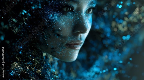 ultra-realistic portrait of a high-fashion model wearing a cosmic gown made of galaxy reflections and starlight particles, shimmering nebula fabric, celestial runway, cinematic lighting, hyper-realist