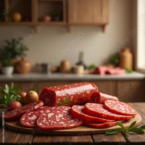 Sliced salami on a wooden kitchen table.