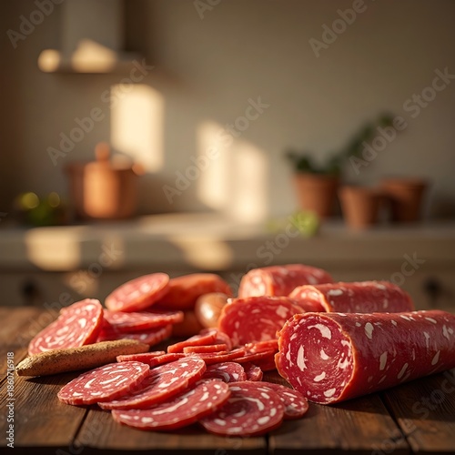 Sliced salami on a wooden kitchen table.