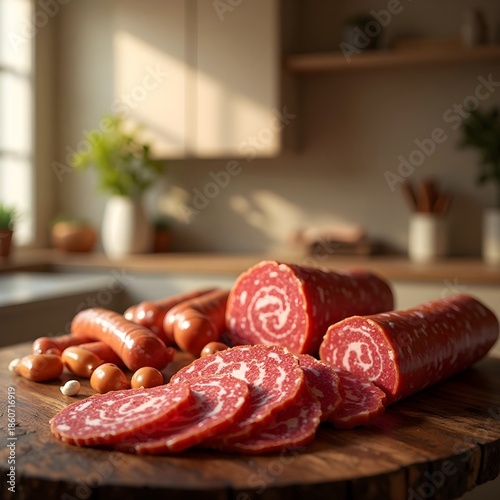 Sliced salami on a wooden kitchen table.