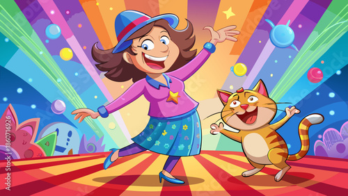Funny kitty woman dancing adorable little cat happy movement colorful background weird cartoon style image super realistic stock image.