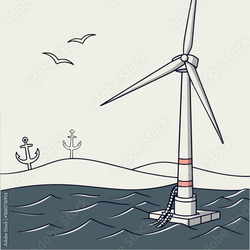 Wind Turbine Standing in the Ocean Producing Renewable Energy
