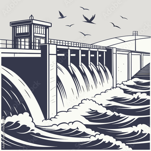 A Dam with Water Flowing Through Adjustable Gates and Birds Flying