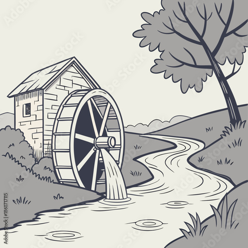 Old Waterwheel Mill Alongside a Winding River in a Landscape