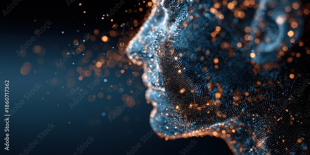 Obraz premium Concept d'Intelligence Artificielle en entreprise : Profil de visage humain numérique généré par des particules bleues - Bannière panoramique avec espace de copie.