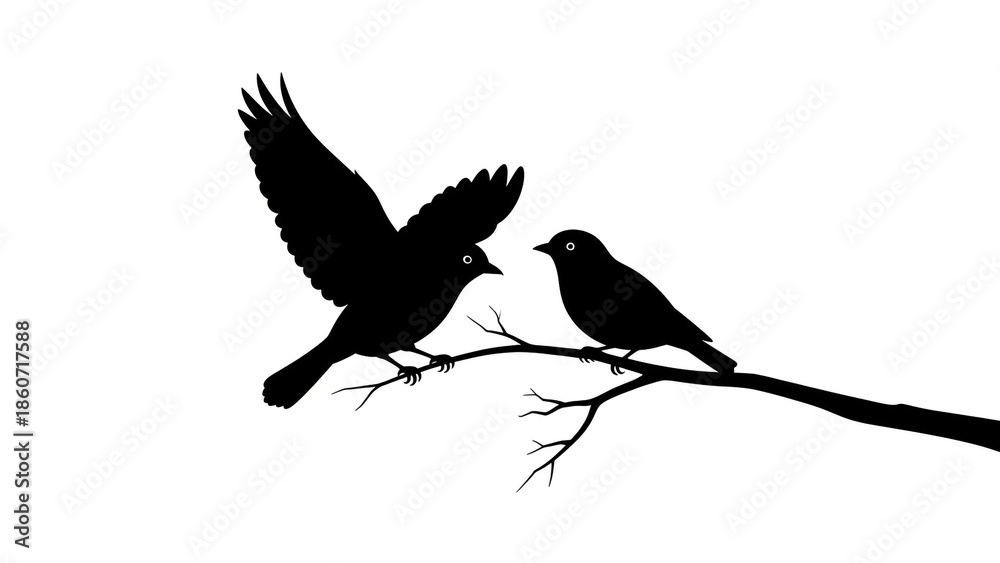 Obraz premium Two birds on a branch in silhouette with dramatic pose in black and white for wildlife illustration