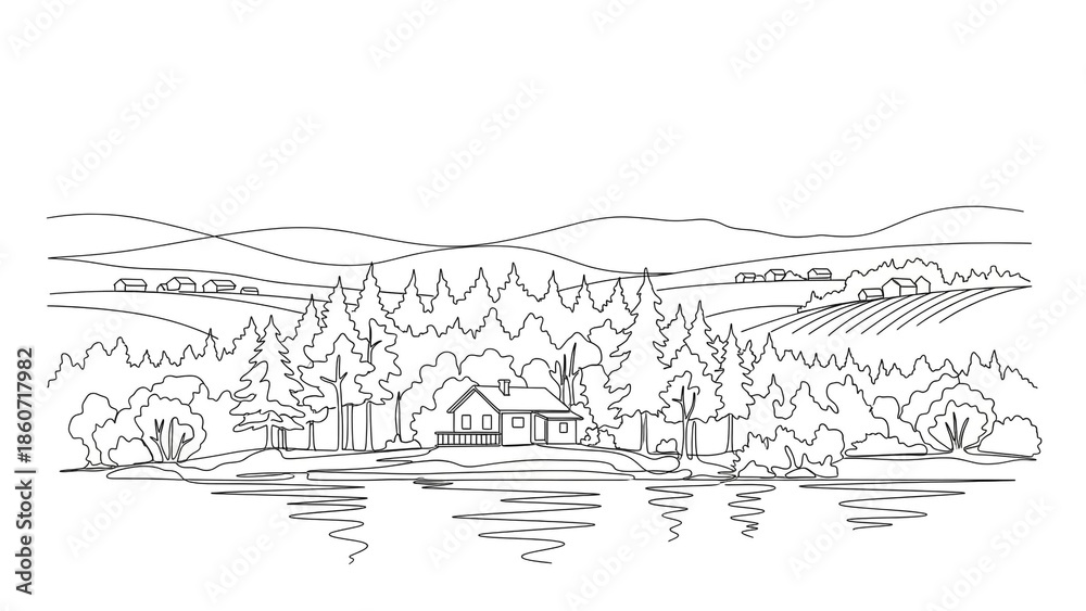 Obraz premium Serene lakeside cabin in minimalist line art with soft monochrome tone on white background for travel brochure