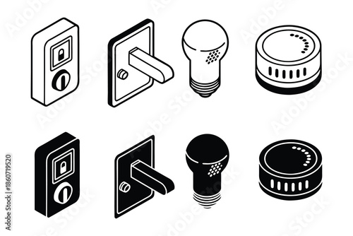 Set of Light Switches Door Handles Light Bulbs and Speakers Icons Collection