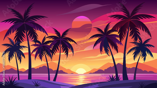 Silhouettes of palm trees against a vibrant purple, orange, and pink sunset sky