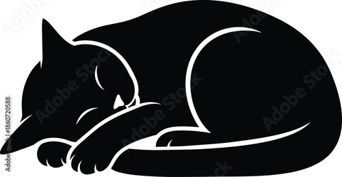 Black Cat Sleeping Silhouette Illustration.