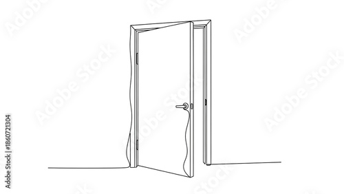 Open door in minimalist line art with subtle shading on white background for graphic design