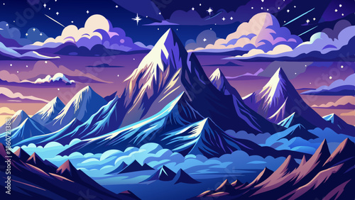 Snowy mountain peaks in a starry night sky, with clouds obscuring the lower parts of the mountains