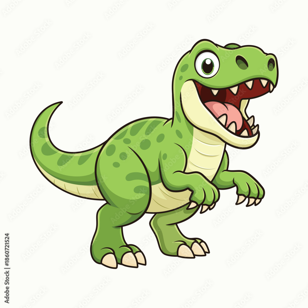 Obraz premium Cute Dinosaur Cartoon Character, Friendly Green Dino Mascot
