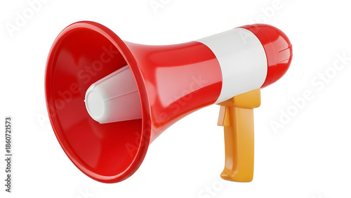 Glossy red and white plastic megaphone with an orange handle, isolated on white background