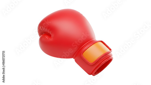 Single glossy red boxing glove with an orange wrist strap, isolated on white background