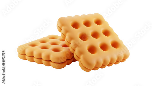 Two light orange square biscuits with rounded edges and grid of circular holes, isolated on white background
