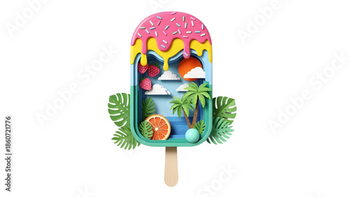 Pink frosted popsicle with sprinkles, yellow dripping icing, and a paper-cut summer beach scene inside, isolated on white background