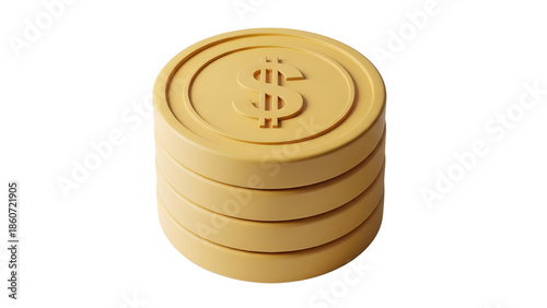 Photorealistic Stack of Golden Dollar Coins Isolated on White Background