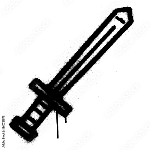 Graffiti Sword Icon with Dripping Spray Paint on White Background.