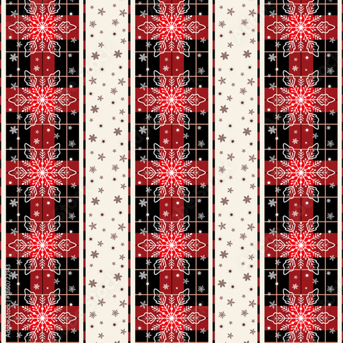 An incredibly beautiful pattern of snowflakes on a colorful checkered background.Vector seamless pattern of snowflakes and colored square elements.