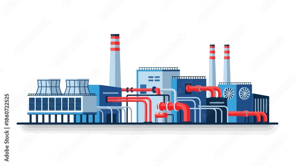 Obraz premium Industrial factory with multiple buildings, chimneys, cooling towers, pipes, and a ventilation system, depicting a large-scale production facility