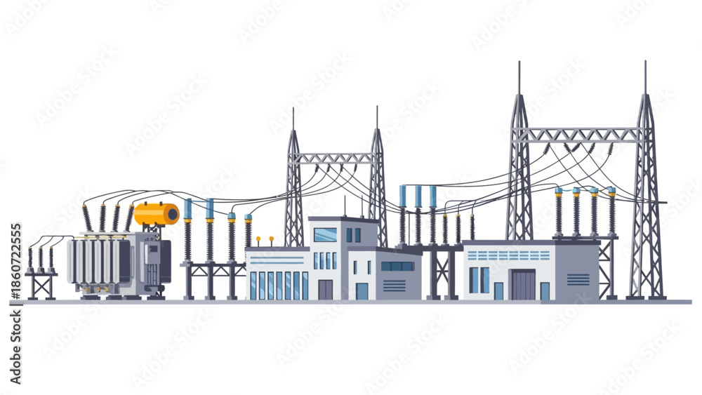 Obraz premium Industrial power substation with electrical grid infrastructure and transmission towers, representing energy distribution and a modern power plant facility
