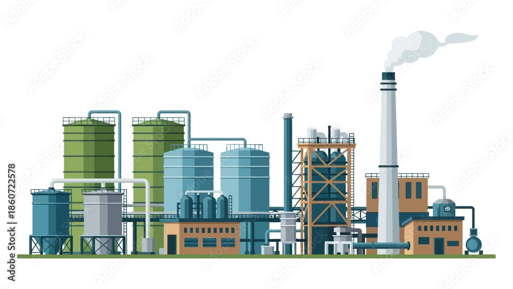 Obraz premium Industrial complex with storage tanks and smokestacks emitting smoke, a modern factory illustration