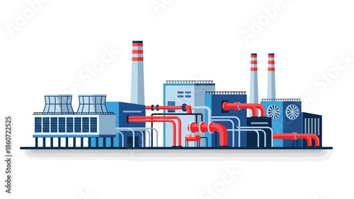 Industrial factory with multiple buildings, chimneys, cooling towers, pipes, and a ventilation system, depicting a large-scale production facility
