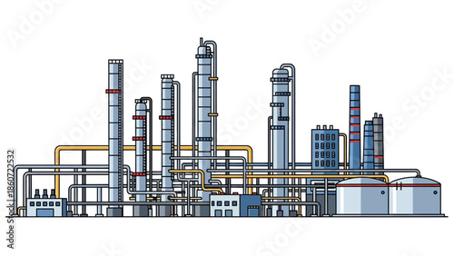 Industrial Oil Refinery Plant with Tall Stacks and Storage Tanks