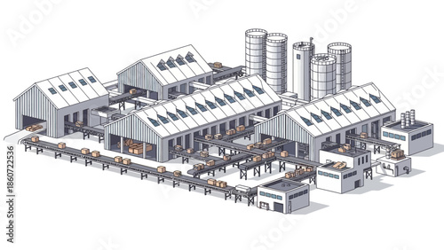 Industrial complex with multiple buildings, silos, and conveyor belts showing production and logistics operations