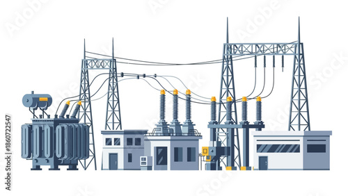Electrical Substation with Power Transformers, Switchgear, and Transmission Towers A Vital Component of the Power Grid