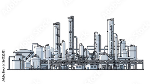 Industrial Oil Refinery Plant with Distillation Columns and Storage Tanks