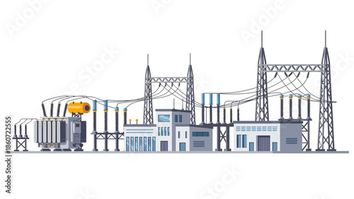 Industrial power substation with electrical grid infrastructure and transmission towers, representing energy distribution and a modern power plant facility
