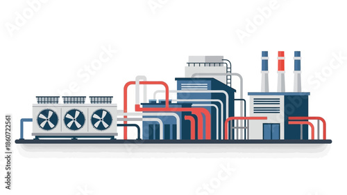 Industrial factory complex with cooling systems and pipes, symbolizing energy production and manufacturing infrastructure