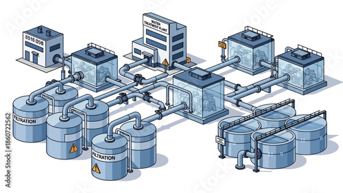 Industrial water treatment plant facility with interconnected tanks, pipes, and buildings, illustrating purification processes