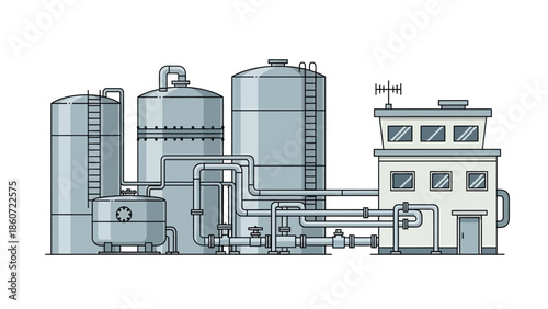 Industrial facility with large storage tanks and pipes, representing manufacturing and production