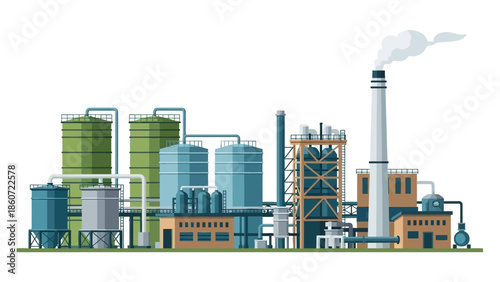 Industrial complex with storage tanks and smokestacks emitting smoke, a modern factory illustration
