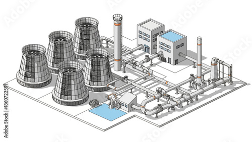 Industrial Power Plant with Cooling Towers and Buildings Rendering