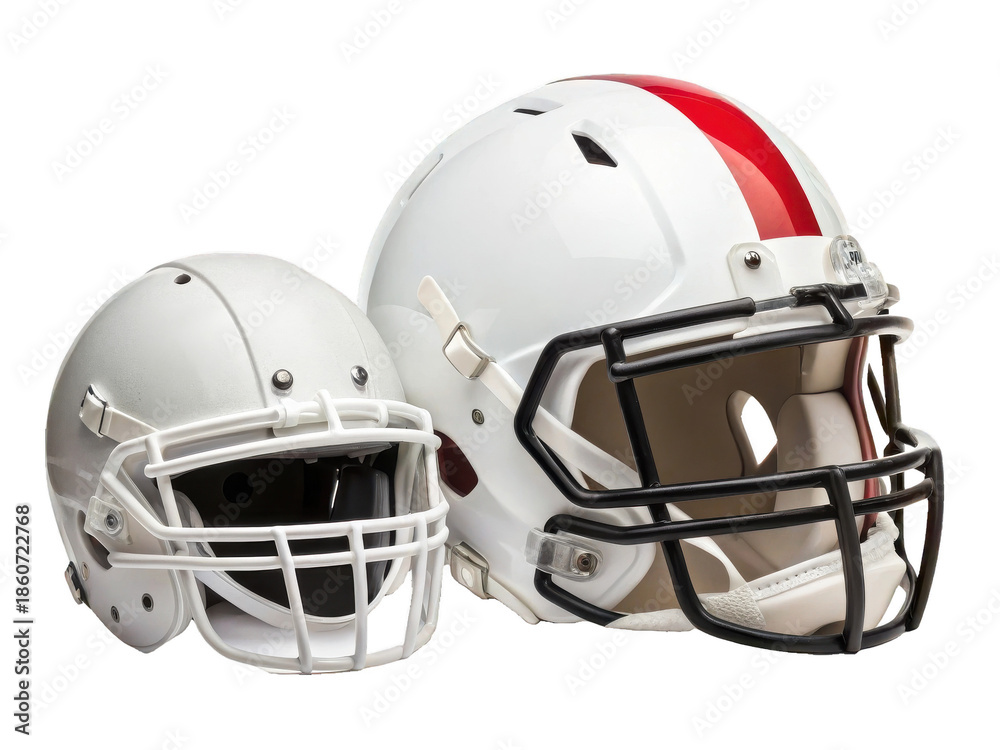 Fototapeta premium Sleek, modern American football helmets constructed from durable polycarbonate plastic with a glossy white finish and a bold red stripe, are dynamically, isolated on transparent background.