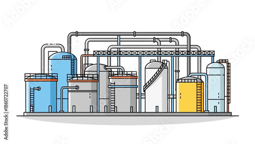 Industrial Plant and Manufacturing Facility Illustration with Tanks and Pipelines