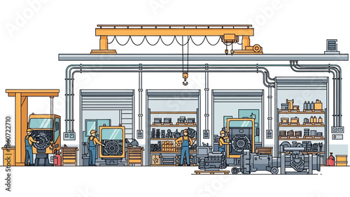 Industrial workshop with workers assembling machinery and equipment