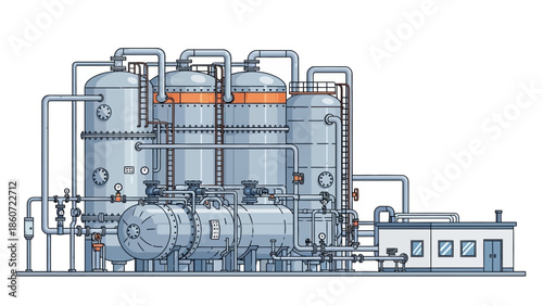 Industrial chemical plant with large storage tanks, pipelines, and a control building, representing manufacturing and energy production