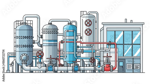 Industrial complex with tanks, pipes and valves representing a chemical or processing plant, illustration