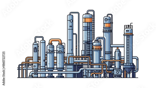 Industrial distillation tower complex illustration with multiple columns and piping for chemical processing