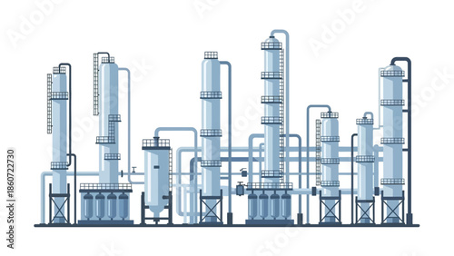 Industrial distillation plant with multiple towers and pipelines for chemical processing and separation