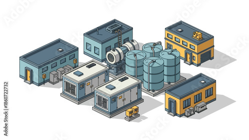 Isometric industrial complex with various buildings and large cylindrical tanks, showcasing a clean and modern aesthetic