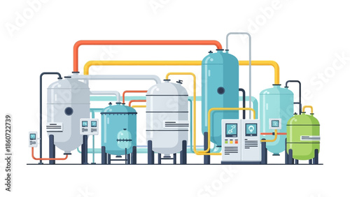 Industrial processing plant with large storage tanks and complex piping system