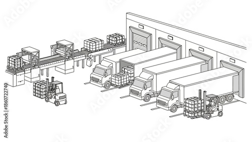Industrial logistics hub showcasing trucks being loaded at a warehouse with a conveyor belt system and forklifts