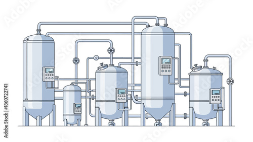 Industrial chemical processing plant with interconnected tanks and advanced control panels, illustrating manufacturing and engineering processes