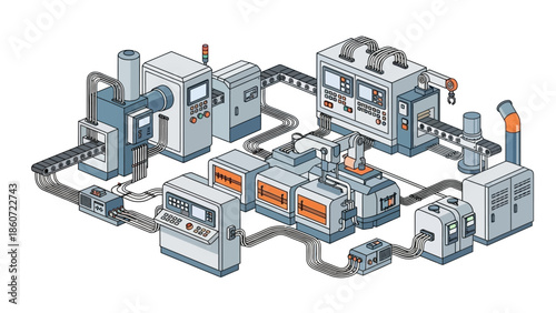 Industrial manufacturing automation process with conveyor belts and machinery